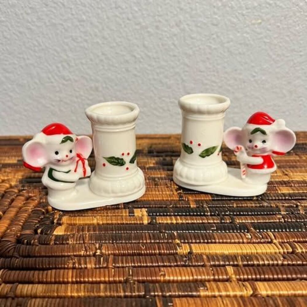 Porcelain Christmas Mouse Taper Candle Stick Holder 2.5"